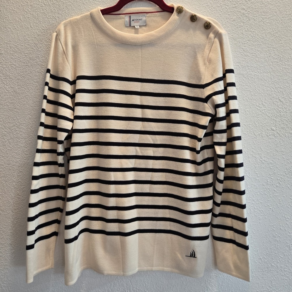 Ponant France Xxl Cream Navy Blue Stripped Sweater Nautical Button 100%‎ Wool